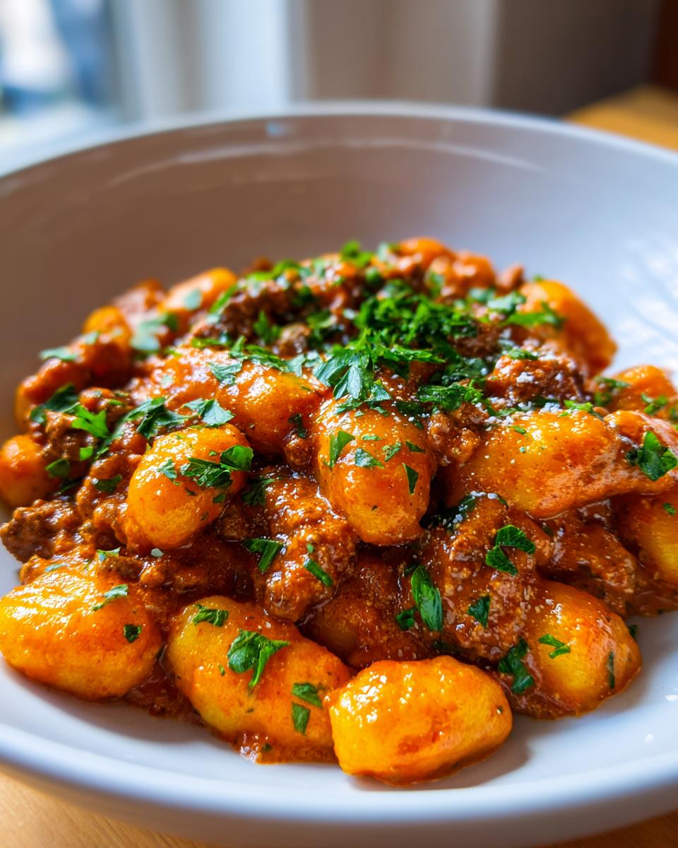 Nahaufnahme von Gnocchi mit Hackfleisch in Paprikarahm, garniert mit frischer Petersilie in einer weißen Schüssel.