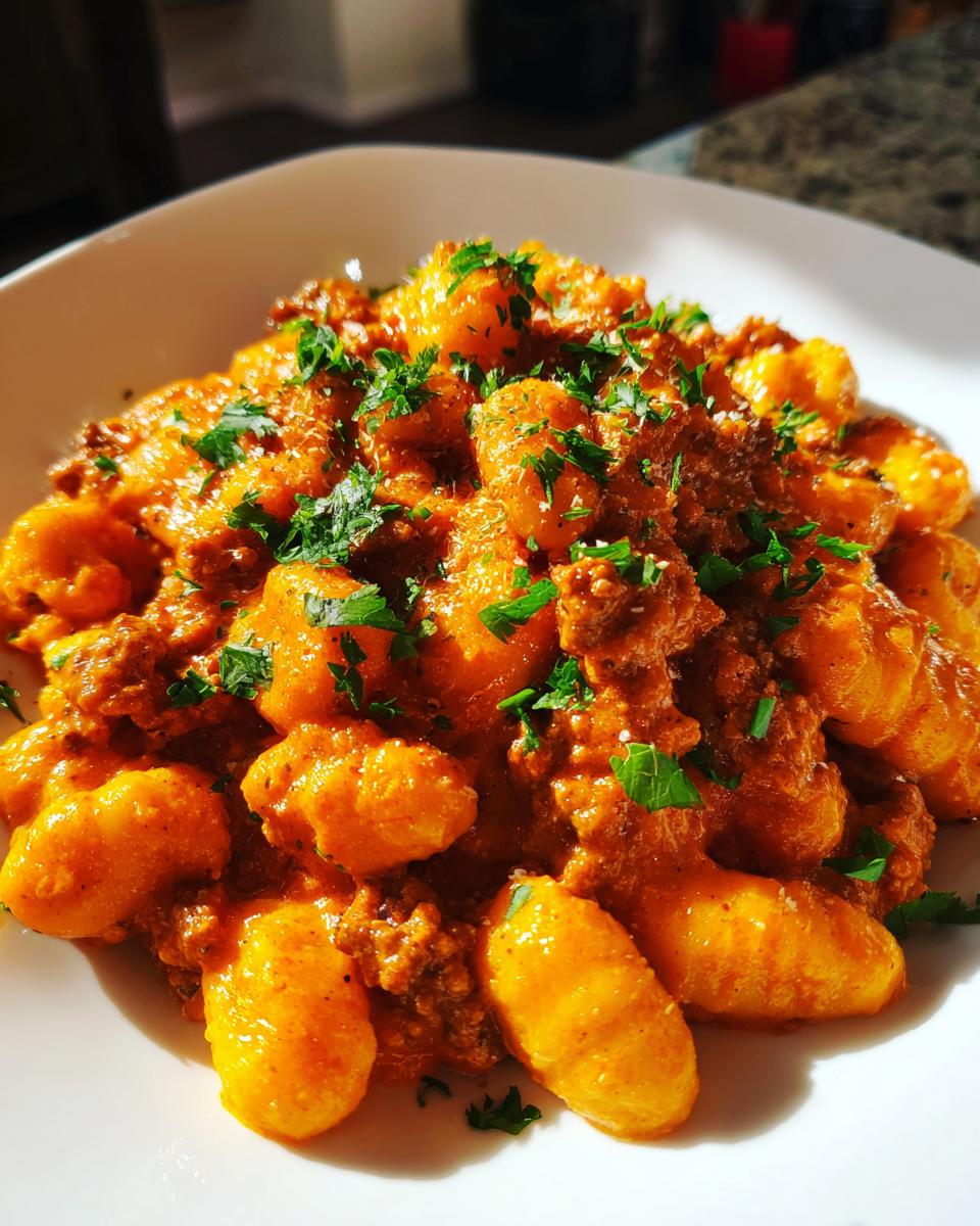 Nahaufnahme von Gnocchi mit Hackfleisch in Paprikarahm, garniert mit frischer Petersilie auf einem weißen Teller.