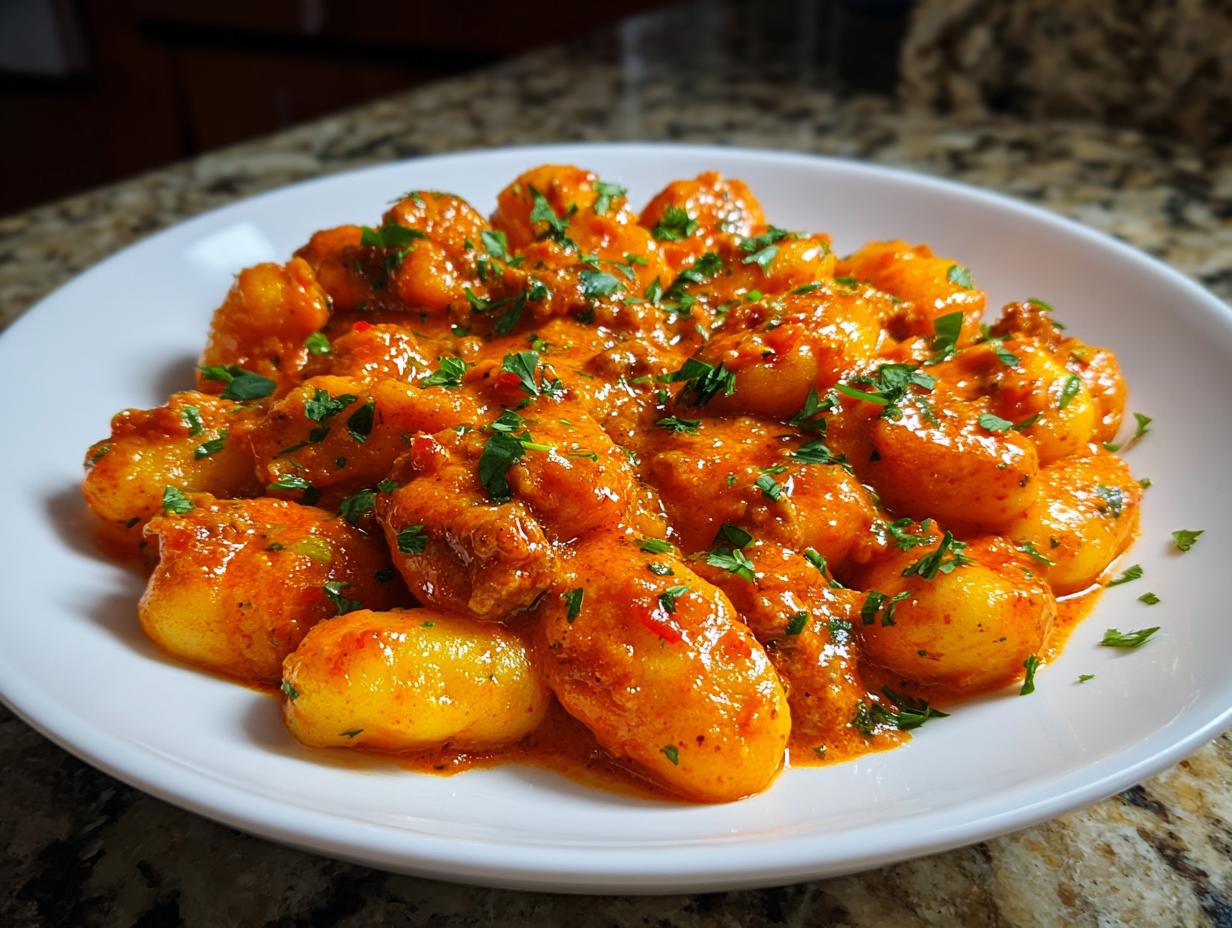 Ein Teller mit Gnocchi mit Hackfleisch in Paprikarahm, üppig bedeckt mit cremiger Sauce und frischer Petersilie.