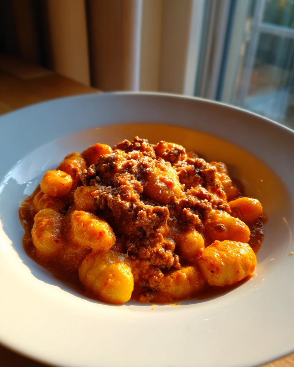 Eine Schale mit fluffigen Gnocchi, bedeckt mit einer reichhaltigen Sauce aus Hackfleisch und Tomaten-Sahne.