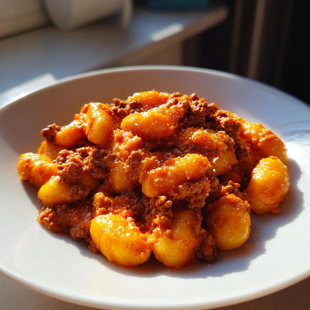 Ein Teller mit saftigen Gnocchi, üppig bedeckt mit einer reichhaltigen Hackfleisch-Tomaten-Sahne-Soße.