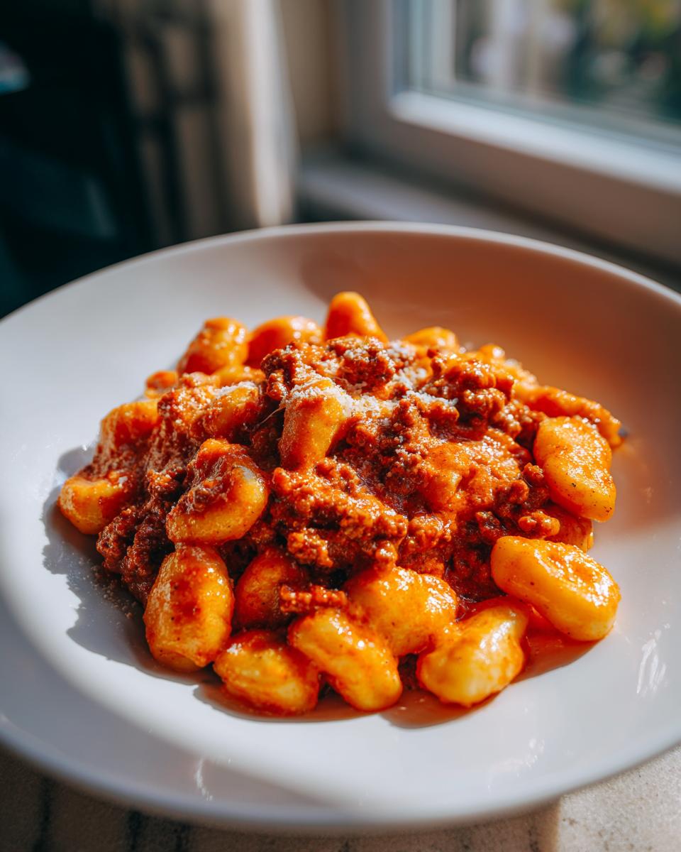 Eine Schale dampfender Gnocchi mit Hackfleisch in Tomaten-Sahne, bestreut mit geriebenem Käse.