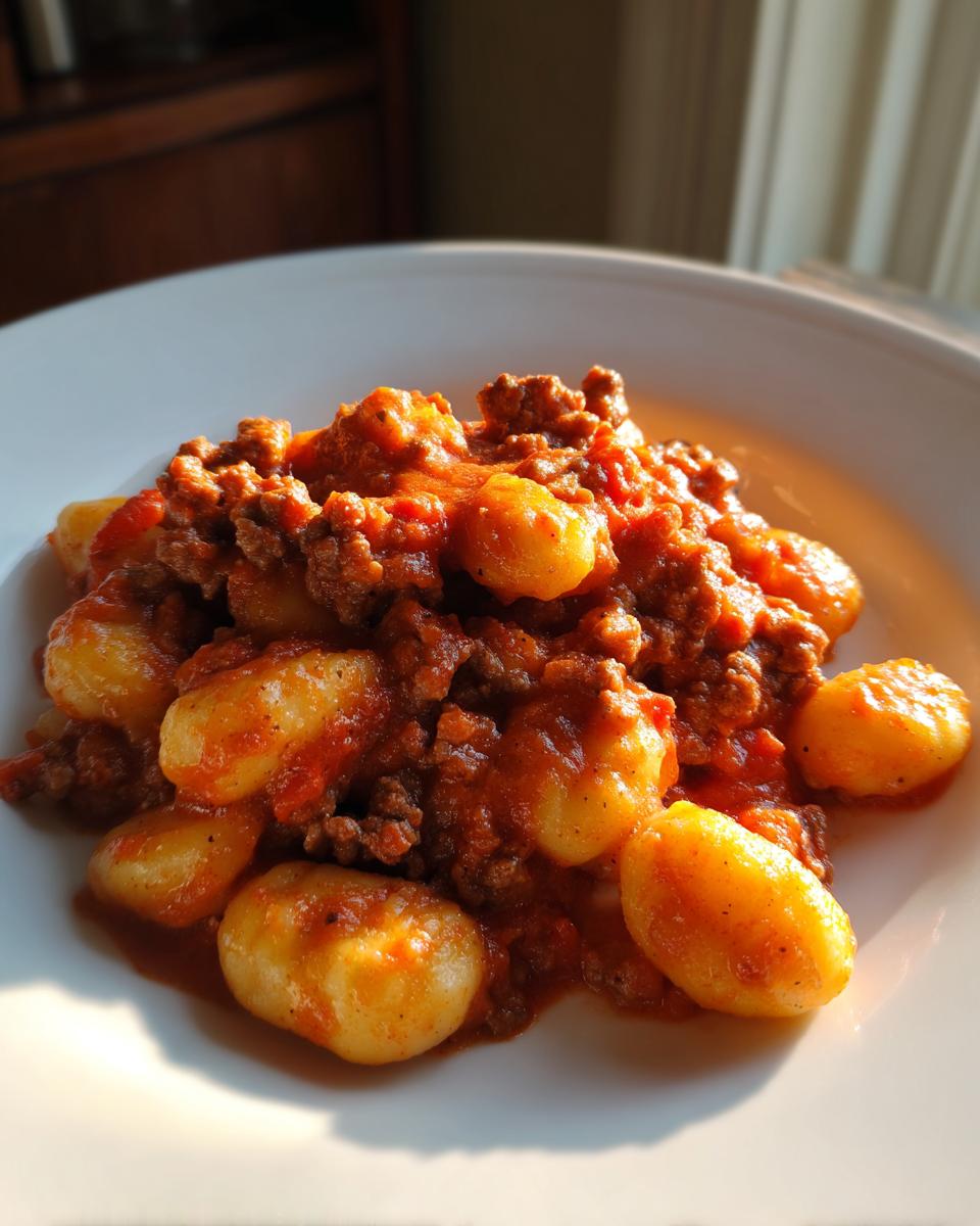 Eine Portion Gnocchi mit Hackfleisch in Tomaten-Sahne Sauce auf einem weißen Teller, warm beleuchtet.