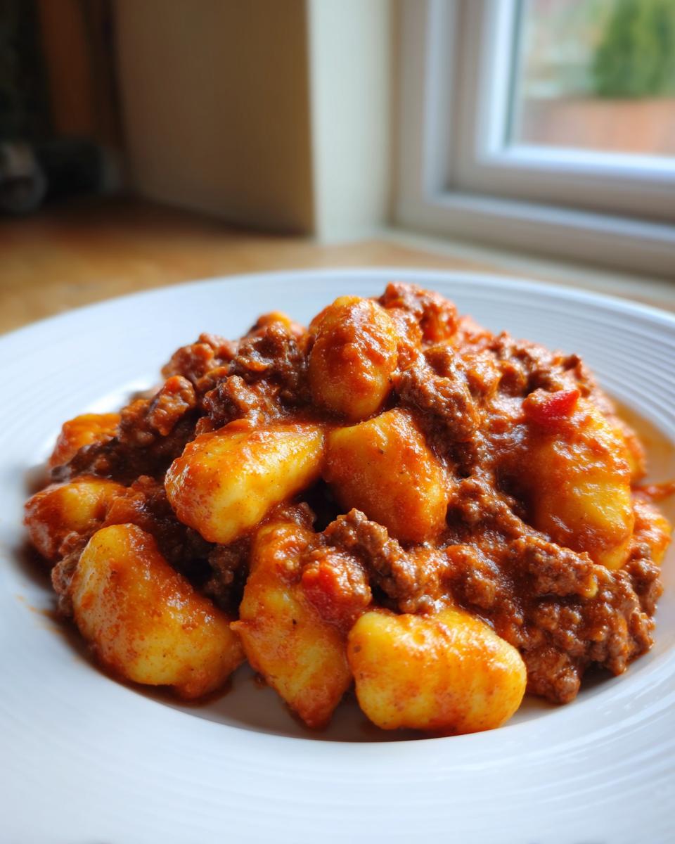 Nahaufnahme von Gnocchi mit Hackfleisch in Tomaten-Sahne-Soße auf einem weißen Teller.