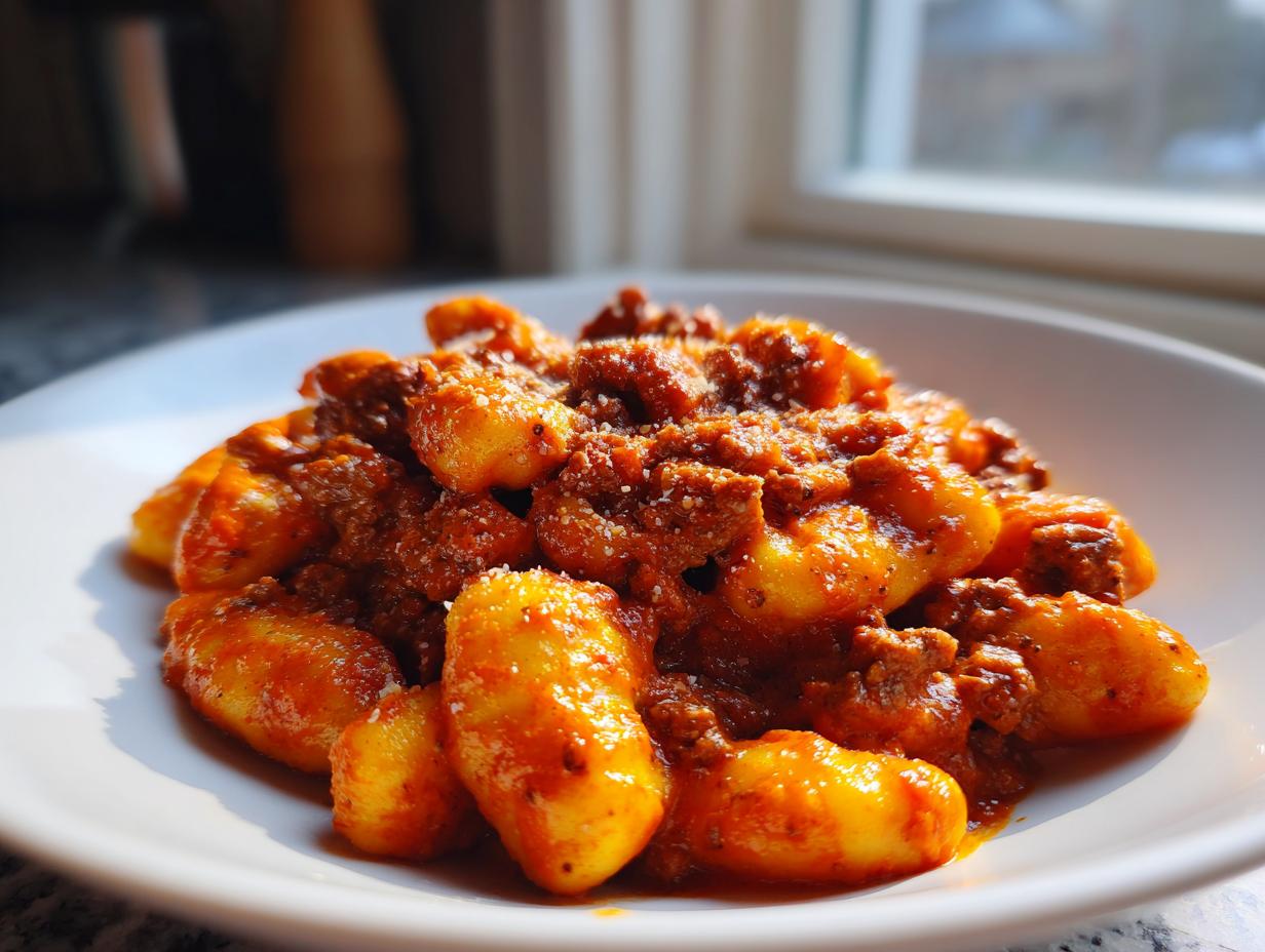 Nahaufnahme von fluffigen Gnocchi, üppig bedeckt mit einer reichhaltigen Sauce aus Gnocchi mit Hackfleisch in Tomaten-Sahne.