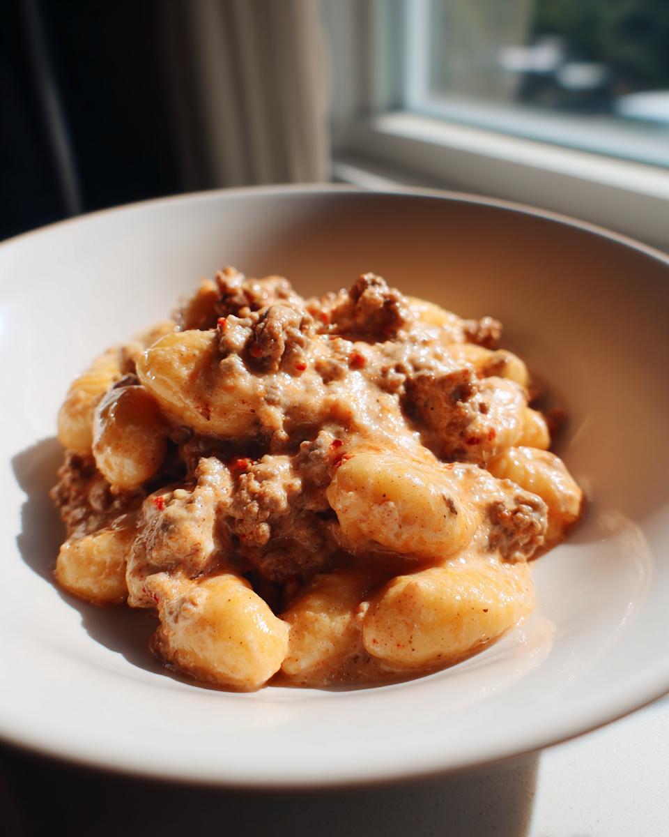 Nahaufnahme von Gnocchi mit Hackfleisch und Frischkäse in einer hellen Schüssel, appetitlich angerichtet.