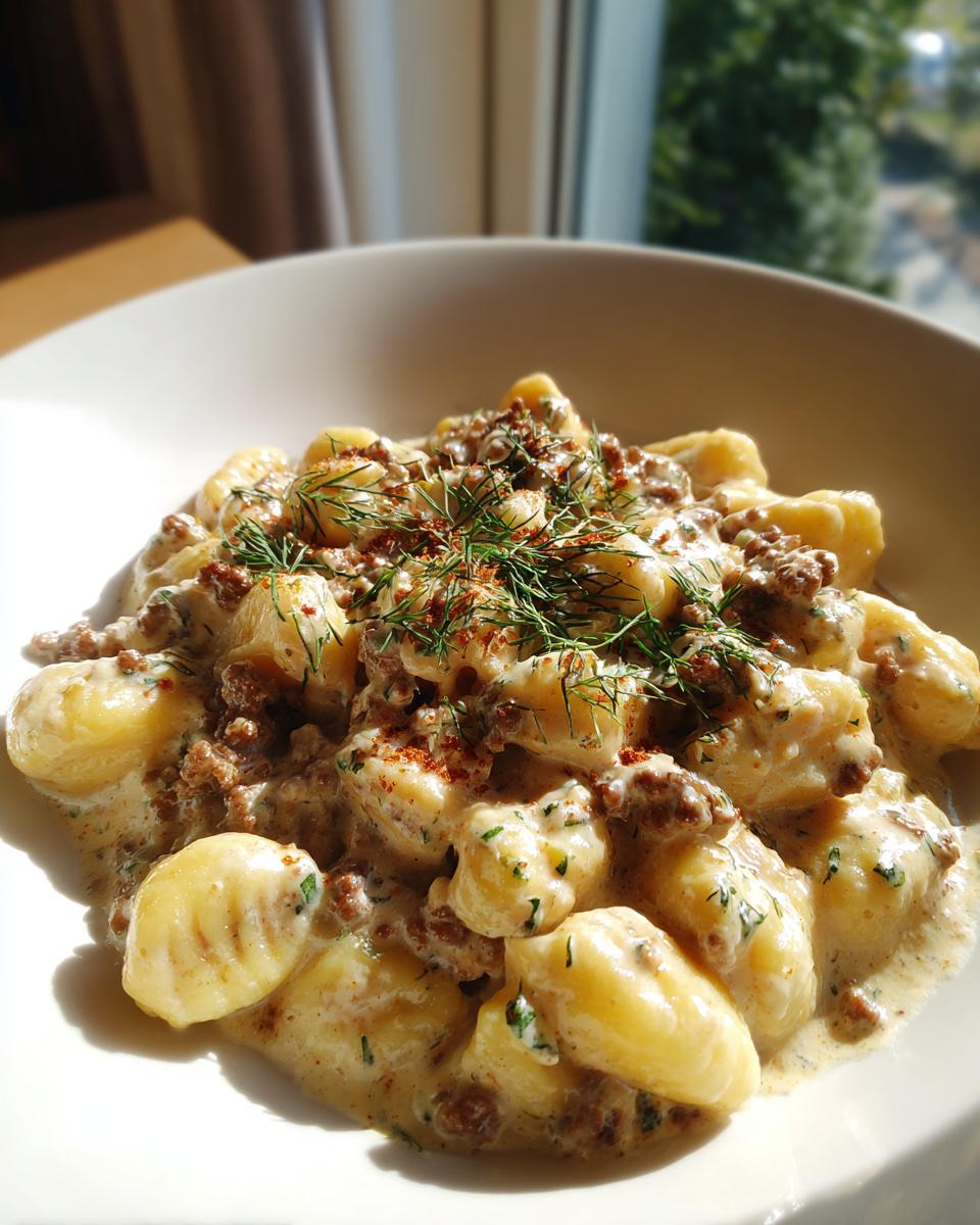 Nahaufnahme von cremigen Gnocchi mit Hackfleisch und Frischkäse, garniert mit frischem Dill.