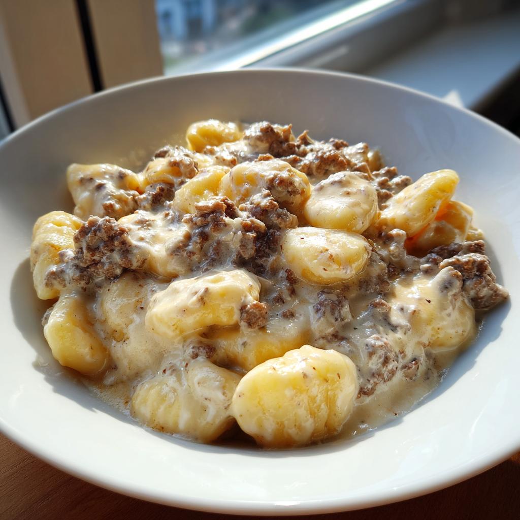 Nahaufnahme von Gnocchi mit Hackfleisch und Frischkäse in einer cremigen Soße in einer weißen Schüssel.