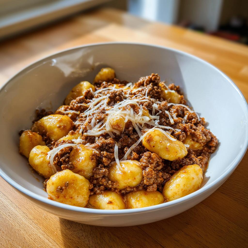 Eine Schüssel mit fluffigen Gnocchi, bedeckt mit würziger Hackfleischsauce und geriebenem Käse – Gnocchi mit Hackfleisch und Mozzarella in Sahne.