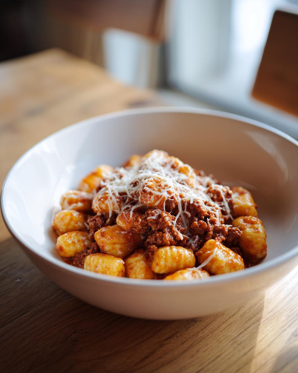 Eine Schüssel Gnocchi mit Hackfleischsoße und geriebenem Mozzarella, bereit zum Genießen.