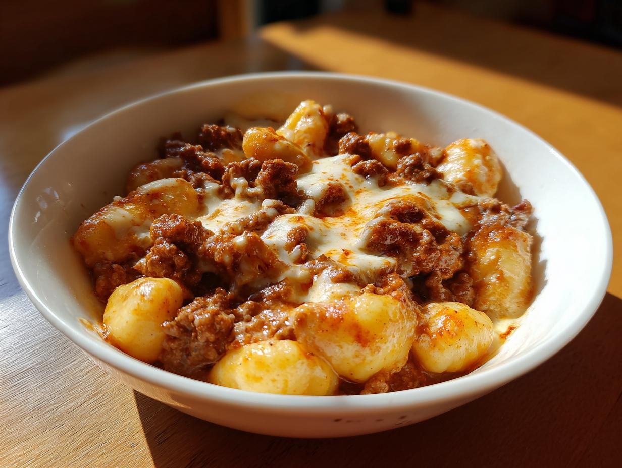 Nahaufnahme von Gnocchi mit Hackfleisch und geschmolzenem Mozzarella in einer weißen Schüssel.