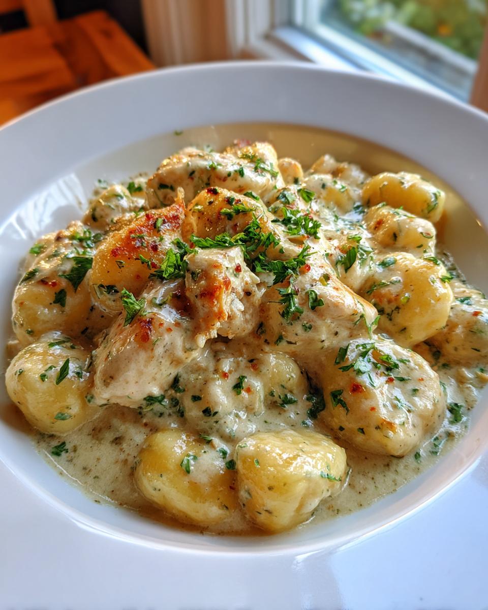 Ein Teller mit cremigen Gnocchi mit Hähnchen in Sahnesauce, garniert mit Petersilie.