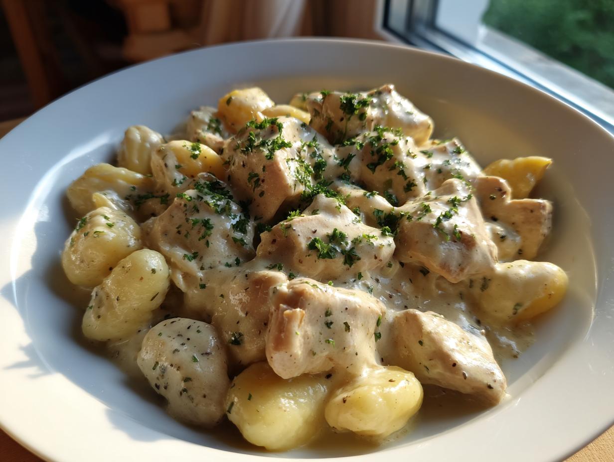 Teller mit cremigen Gnocchi mit Hähnchen in Sahnesauce, garniert mit frischer Petersilie.