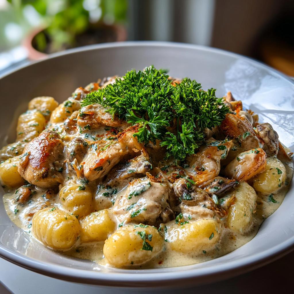 Nahaufnahme von Gnocchi mit Hähnchen und Parmesanrahm, garniert mit frischer Petersilie.