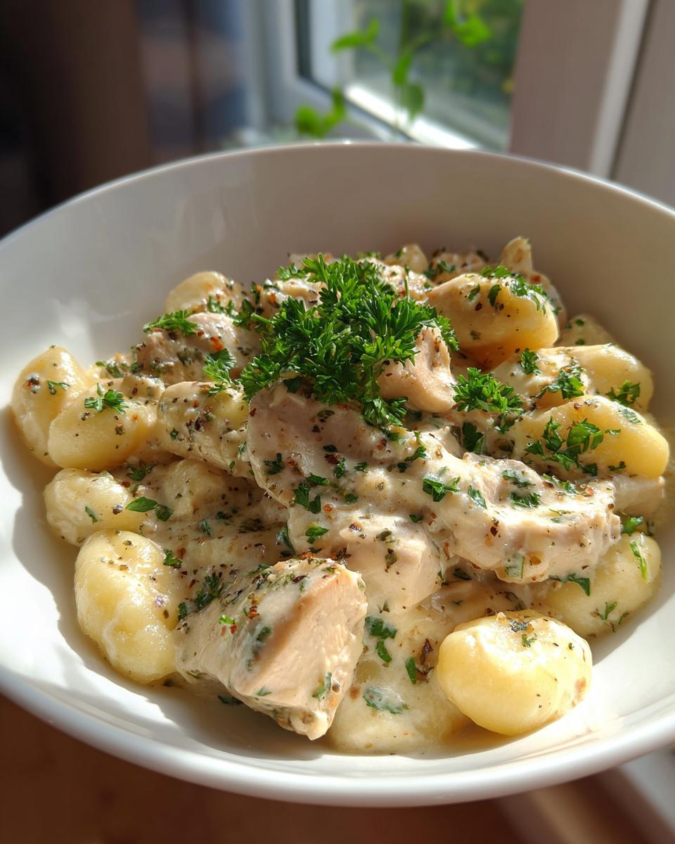 Nahaufnahme von Gnocchi mit Hähnchen und Parmesanrahm, garniert mit frischer Petersilie.