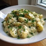 Nahaufnahme von fluffigen Gnocchi mit Parmesan-Sahne und frischer Petersilie in einer weißen Schüssel.