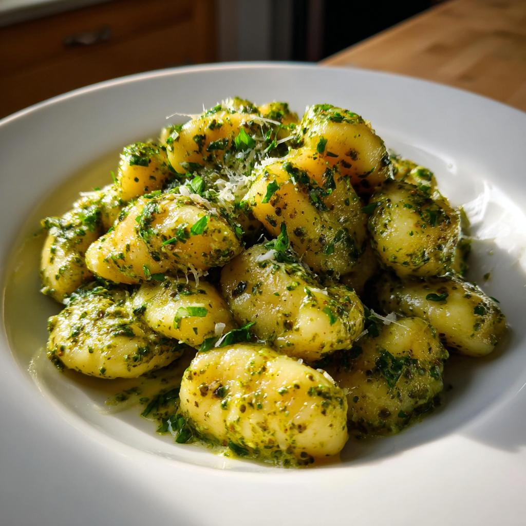 Nahaufnahme von fluffigen Gnocchi mit grünem Pesto und Sahne, bestreut mit Parmesan.