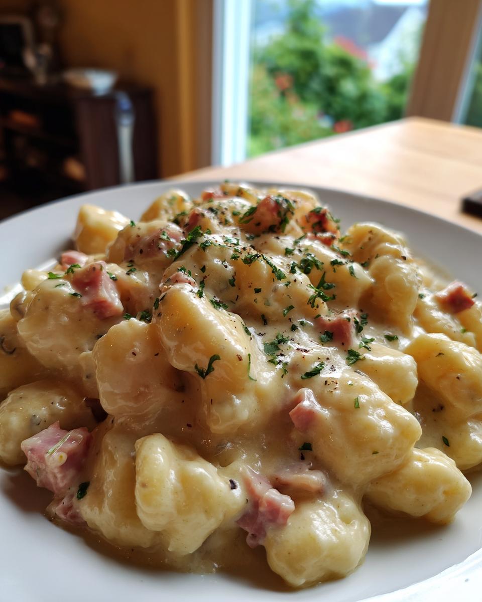 Nahaufnahme von Gnocchi mit Schinken-Sahne, üppig bedeckt mit cremiger Soße und Petersilie.