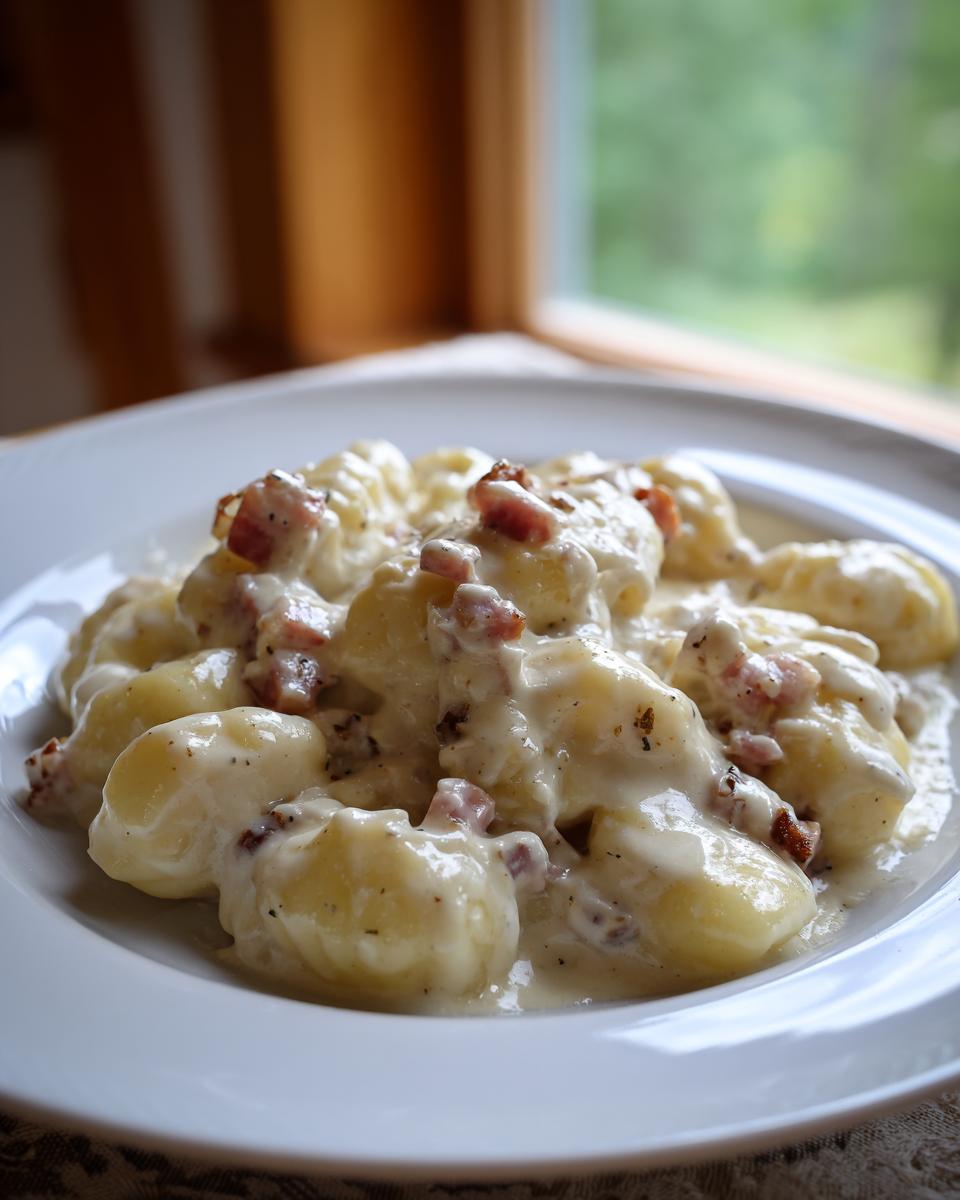 Ein Teller mit cremigen Gnocchi mit Schinken-Sahne, üppig bedeckt mit weißer Soße und Speckwürfeln.