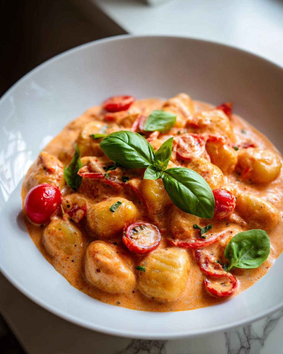 Nahaufnahme von fluffigen Gnocchi mit cremiger Tomaten-Frischkäse-Soße und frischen Basilikumblättern.