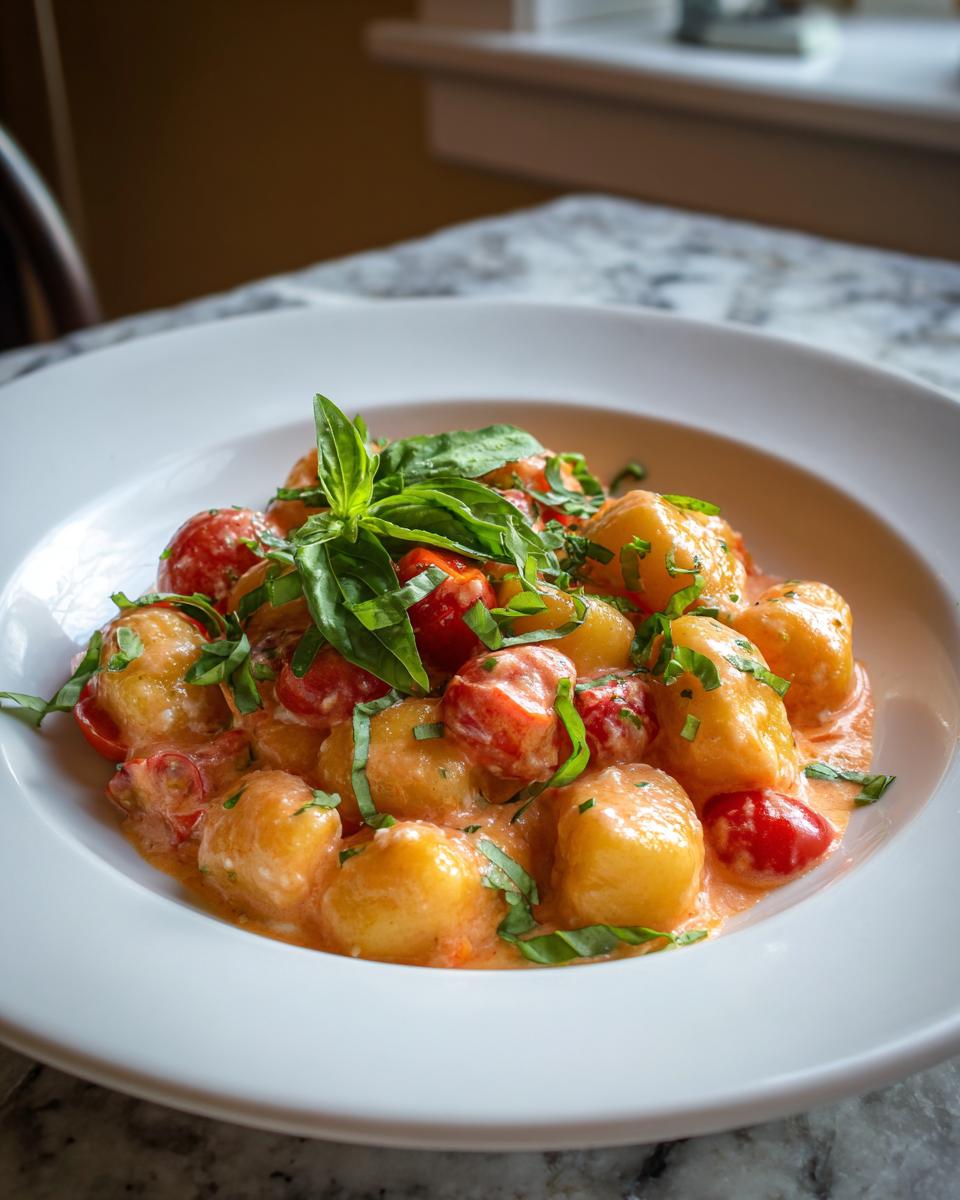 Nahaufnahme von Gnocchi mit Tomaten-Frischkäse, garniert mit frischem Basilikum.