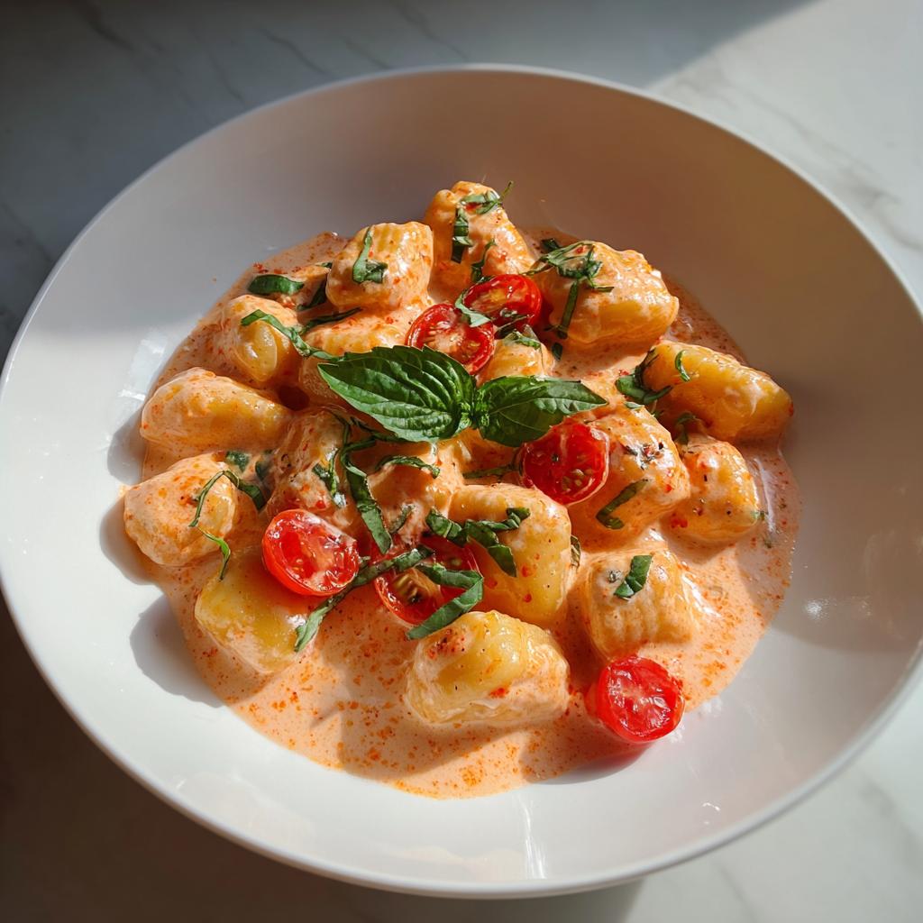 Nahaufnahme von Gnocchi mit Tomaten-Frischkäse, garniert mit Kirschtomaten und frischem Basilikum.
