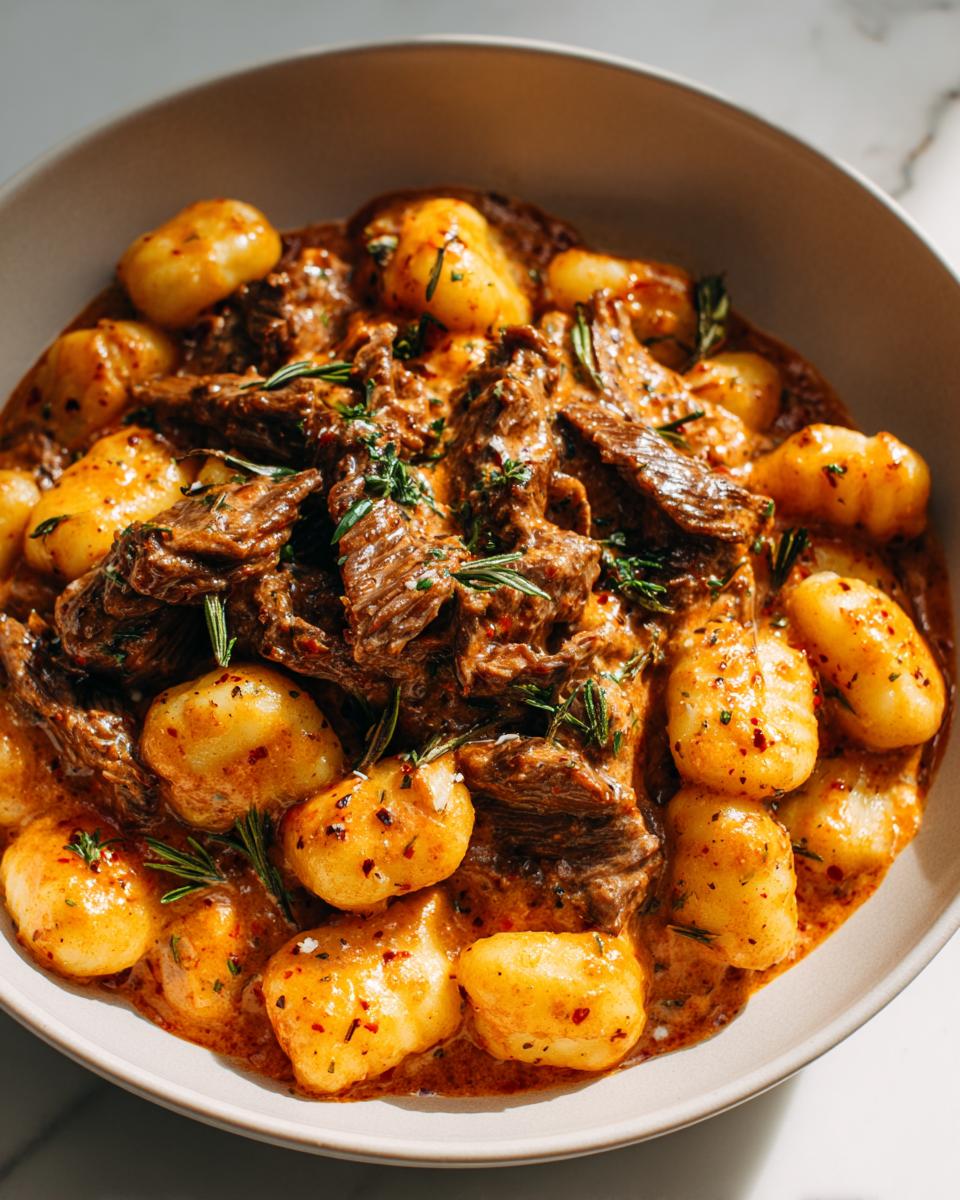 Eine Schüssel Gnocchi mit Rinderstreifen in Pfefferrahm, garniert mit Rosmarin.