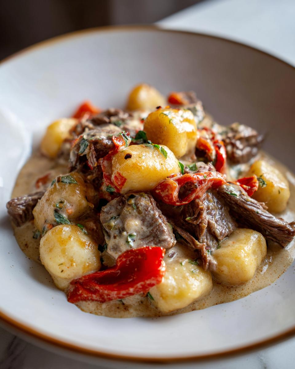 Teller mit cremigen Gnocchi mit Rinderstreifen in Pfefferrahm und roten Paprikastücken.