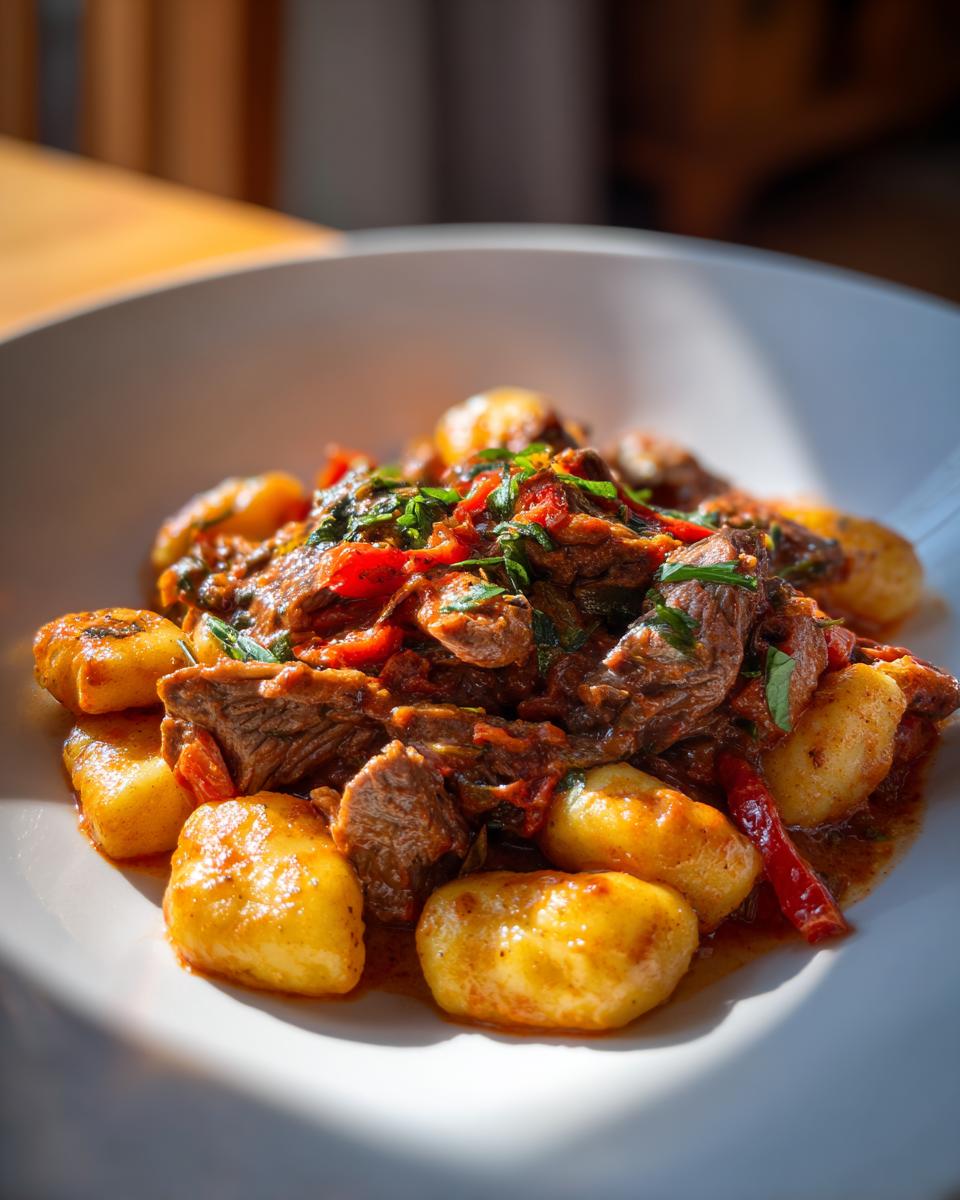 Goldbraune Gnocchi mit saftigen Rinderstreifen und roter Sauce, garniert mit Kräutern – Gnocchi mit Rinderstreifen in Pfefferrahm.