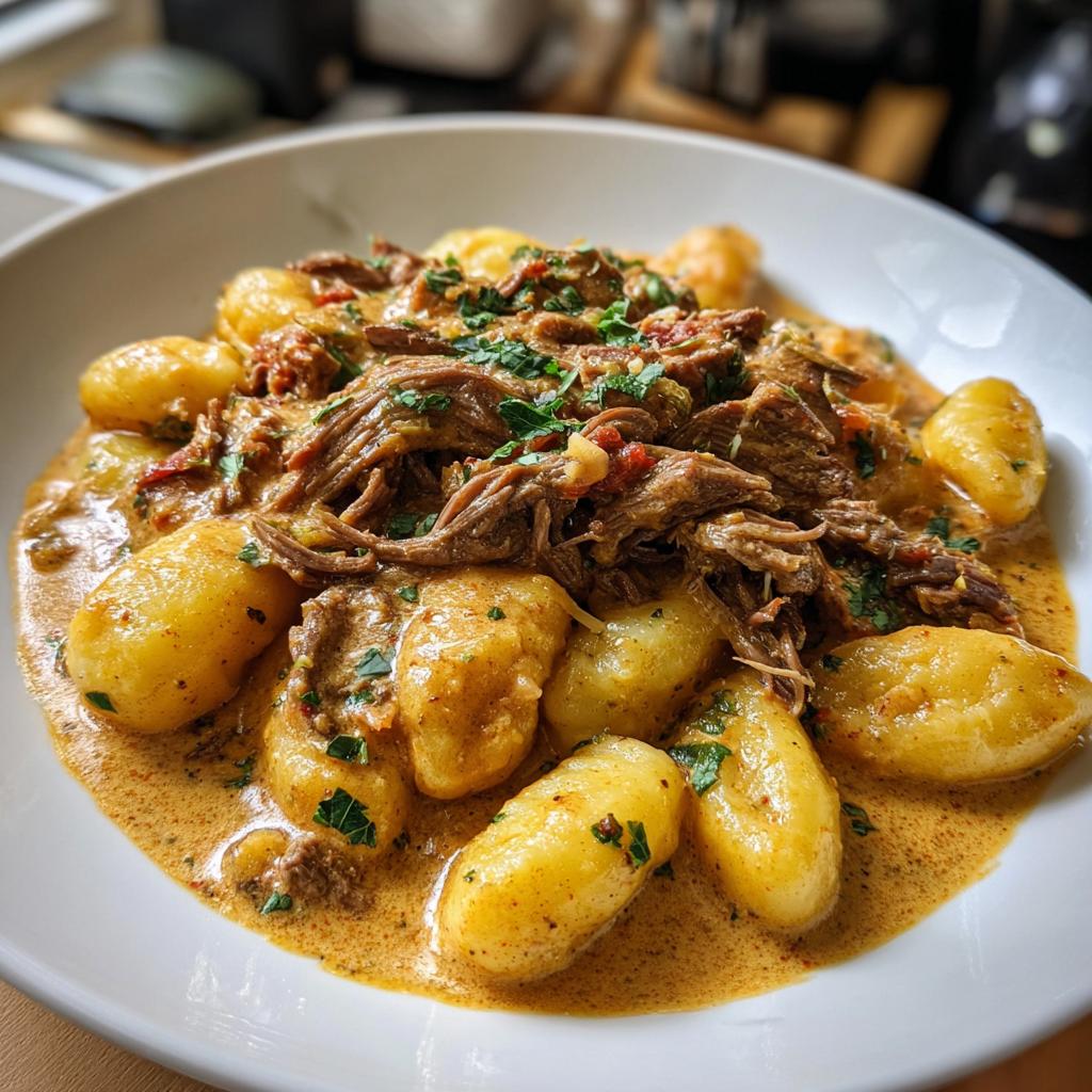 Teller mit cremigen Gnocchi, üppig belegt mit zarten Rinderstreifen in Pfefferrahmsoße.