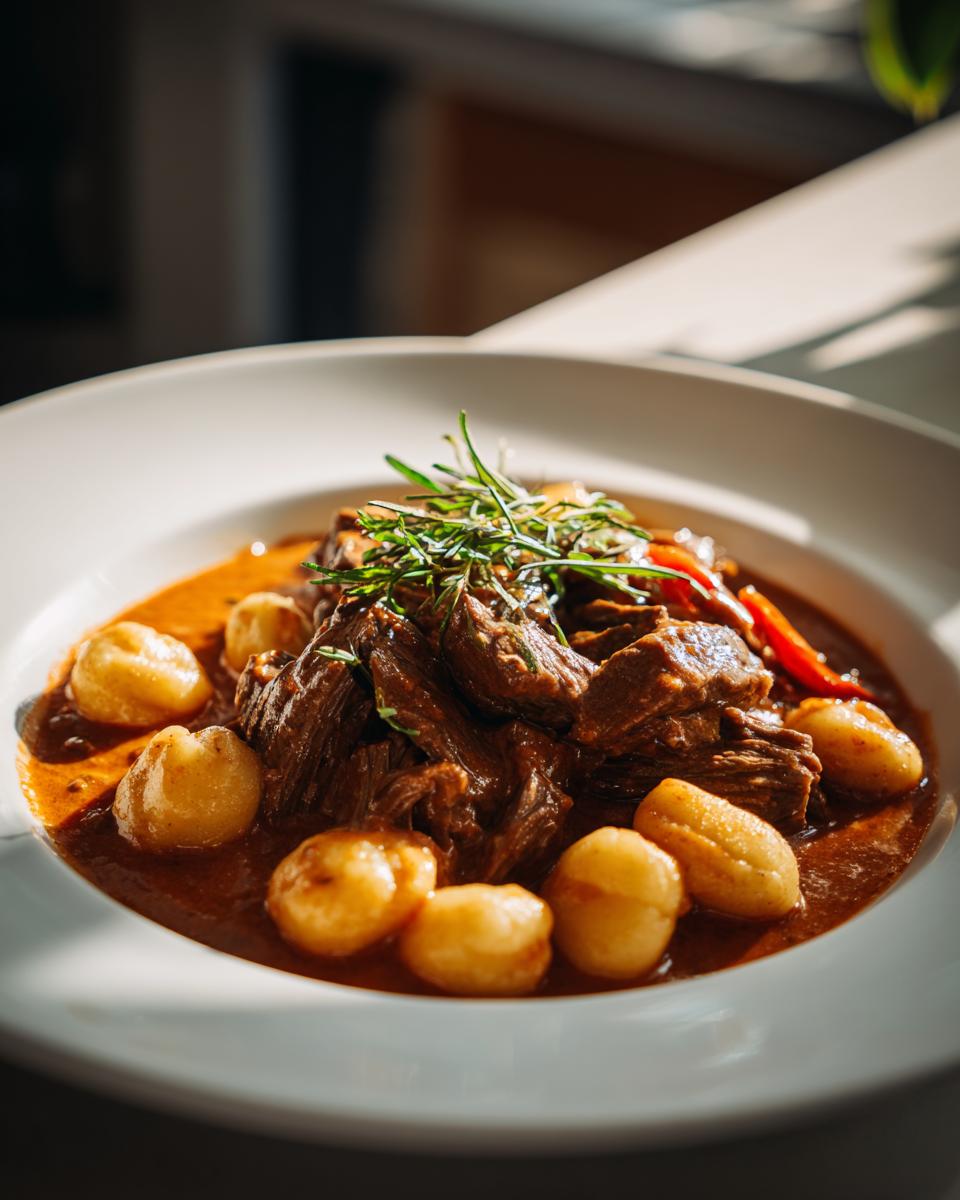 Nahaufnahme von Gnocchi mit Rinderstreifen in Pfefferrahm, garniert mit frischen Kräutern.