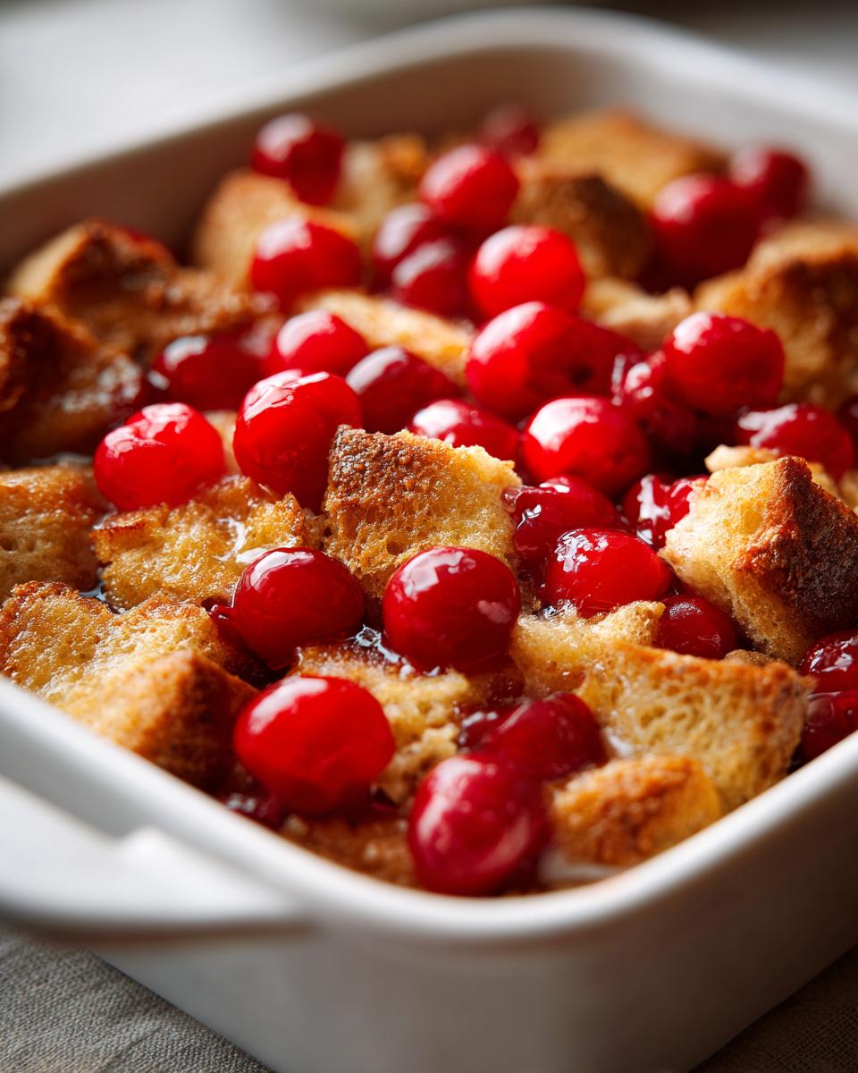 Nahaufnahme von goldbraun gebackenem Kirschmichel mit vielen glänzenden, roten Kirschen in einer weißen Auflaufform.