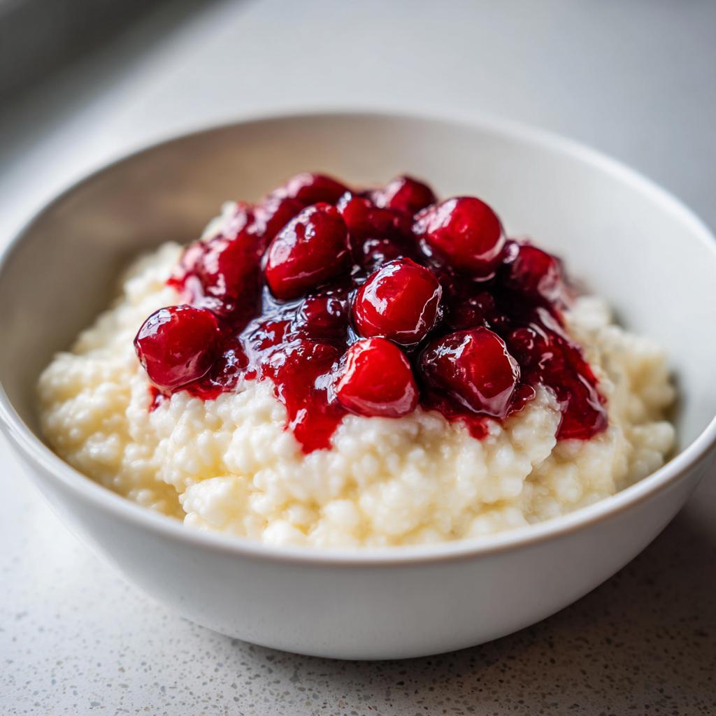 Nahaufnahme von cremigem Grießbrei mit heißen Kirschen und viel rotem Fruchtsirup in einer weißen Schüssel.