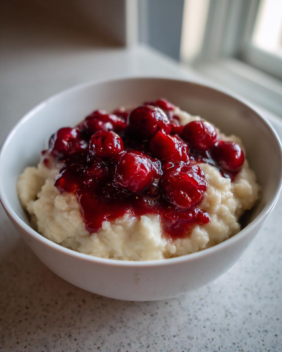 Nahaufnahme von cremigem Grießbrei mit heißen Kirschen und viel roter Soße in einer weißen Schüssel.