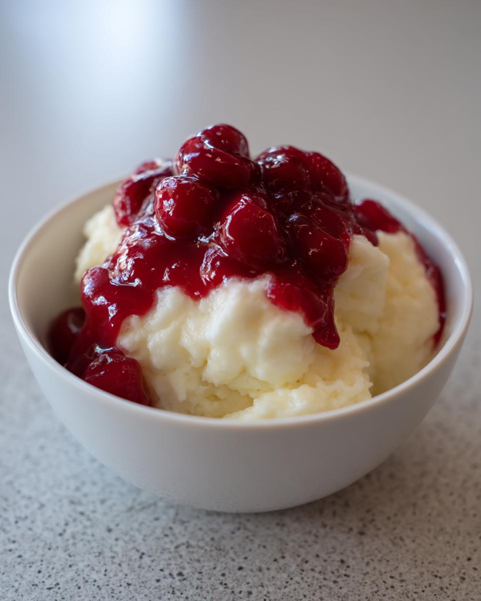 Nahaufnahme von cremigem Grießbrei mit heißen Kirschen bedeckt in einer weißen Schüssel.