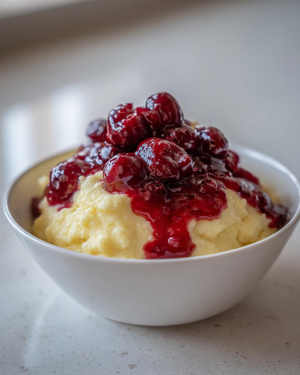 Nahaufnahme von cremigem Grießbrei mit heißen Kirschen in einer weißen Schüssel.
