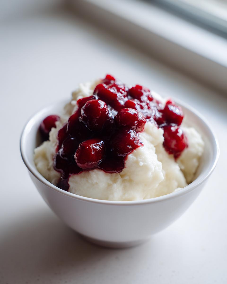 Nahaufnahme von cremigem Grießbrei mit heißen Kirschen in einer weißen Schüssel, perfekt für das Turbo-Rezept.