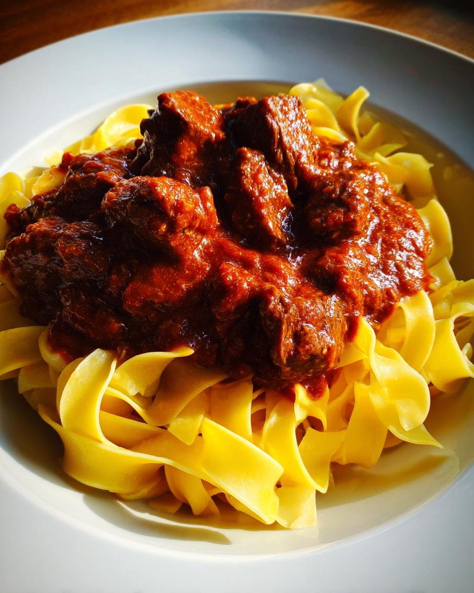 Nahaufnahme von zartem Gulasch mit Nudeln, reichlich bedeckt mit dunkler, würziger Soße.