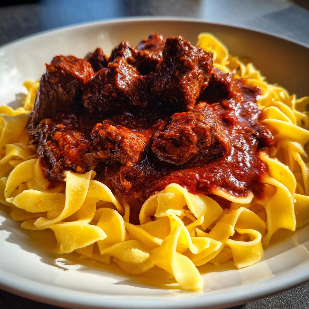 Ein Teller mit Gulasch mit Nudeln: Zarte Fleischstücke in dunkler Sauce auf breiten Eiernudeln.
