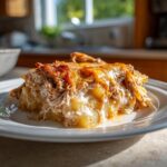 Ein Stück cremiger Gyros-Kartoffelauflauf in Metaxarahm mit goldbraun überbackener Kruste auf einem weißen Teller.