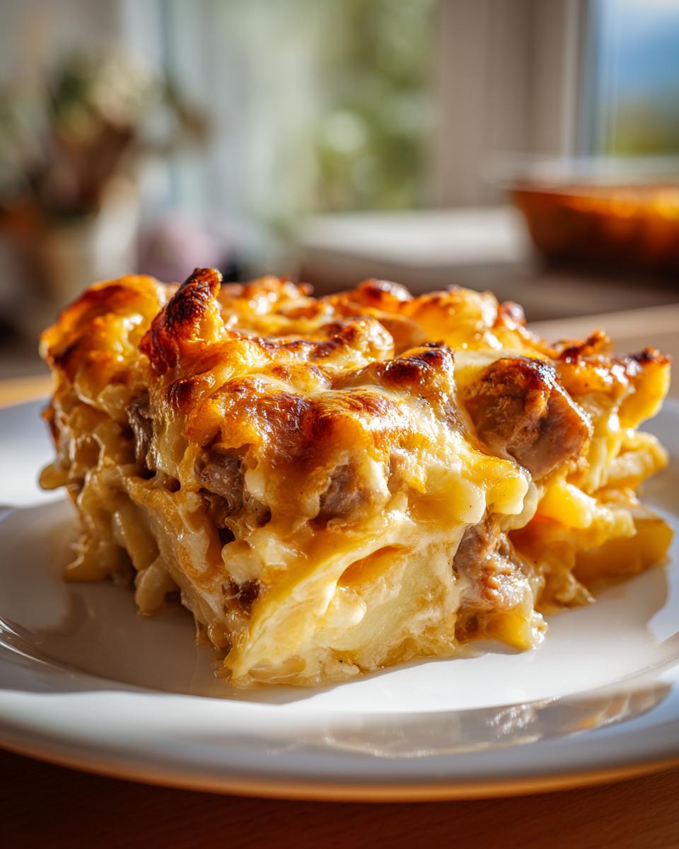 Ein saftiges Stück Gyros-Kartoffelauflauf mit goldbraun überbackener Käsekruste auf einem weißen Teller.