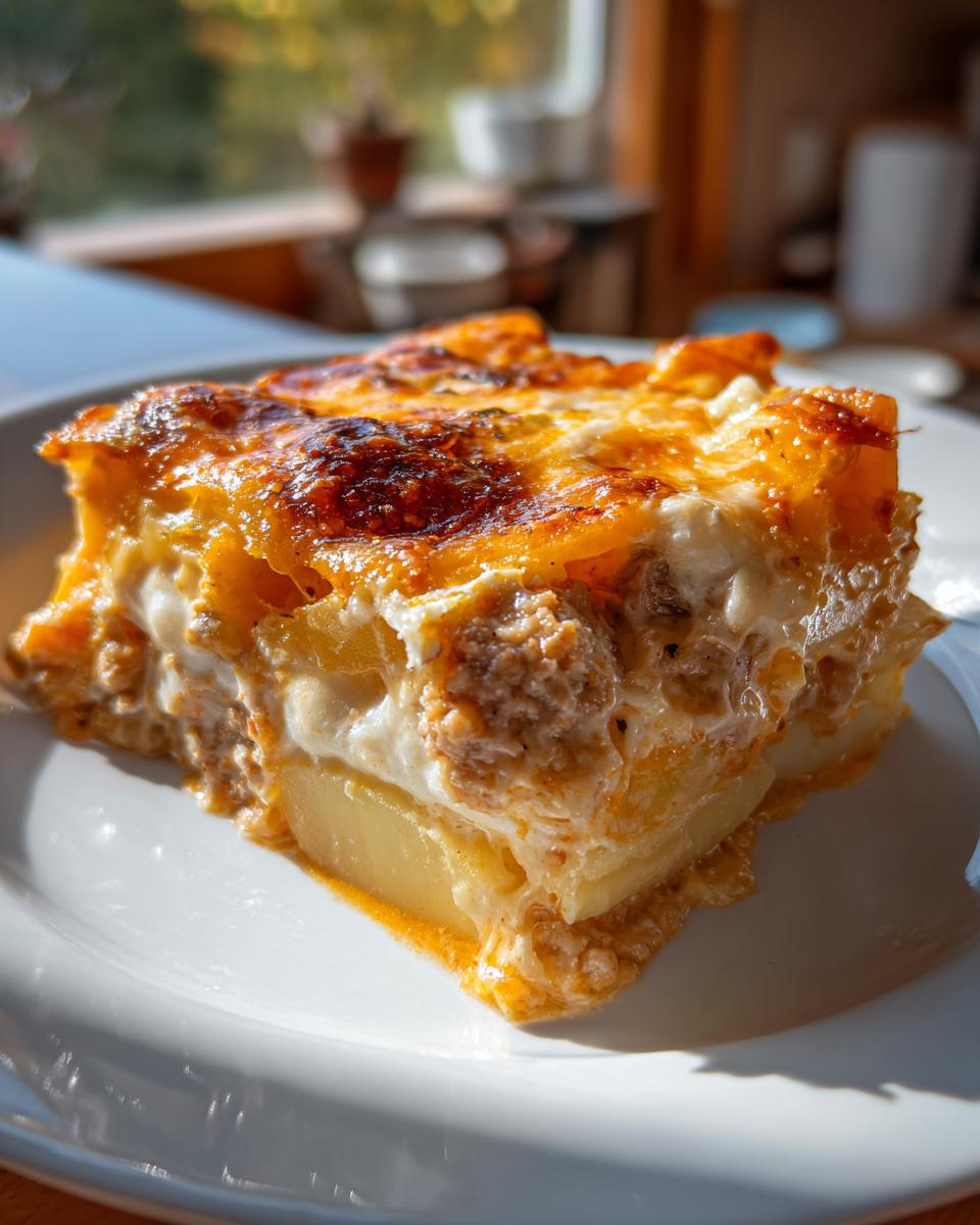 Ein saftiges Stück Gyros-Kartoffelauflauf mit goldbraun überbackener Kruste auf einem weißen Teller.