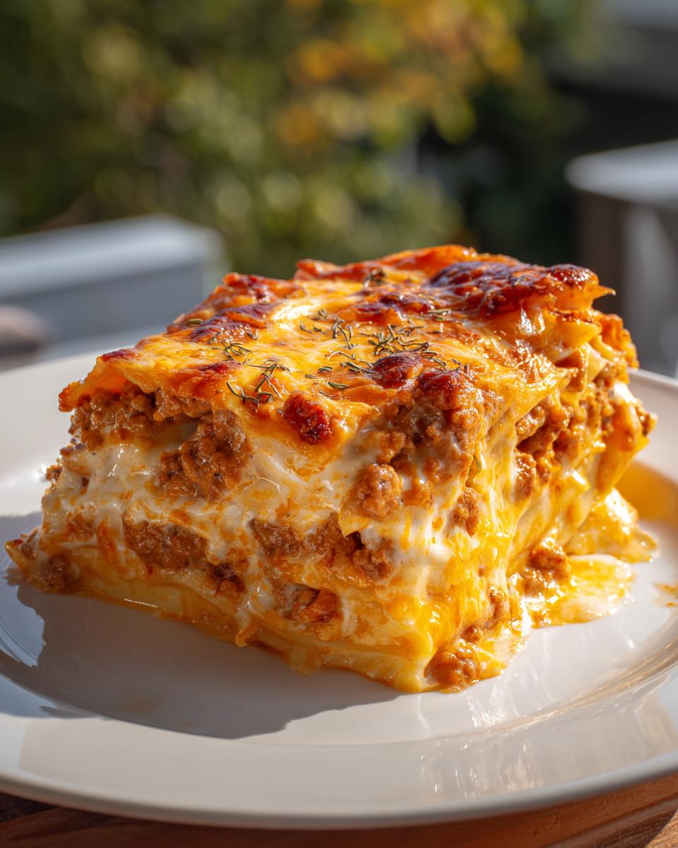 Ein großes, appetitliches Stück Gyros-Kartoffelauflauf in Metaxasahne mit überbackener Käsekruste.