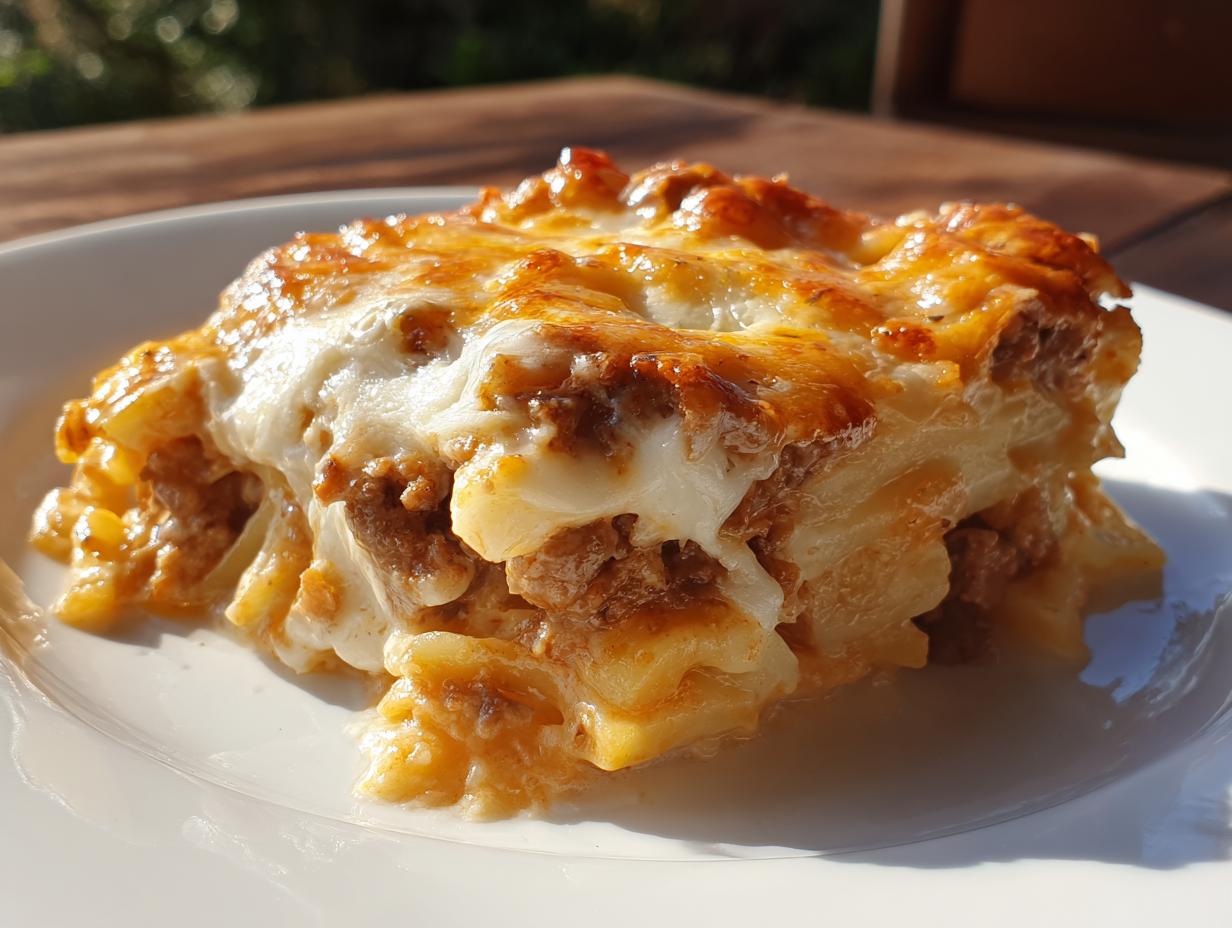 Nahaufnahme eines cremigen Stücks Gyros-Kartoffelauflauf mit geschmolzenem Käse und Hackfleischschichten.