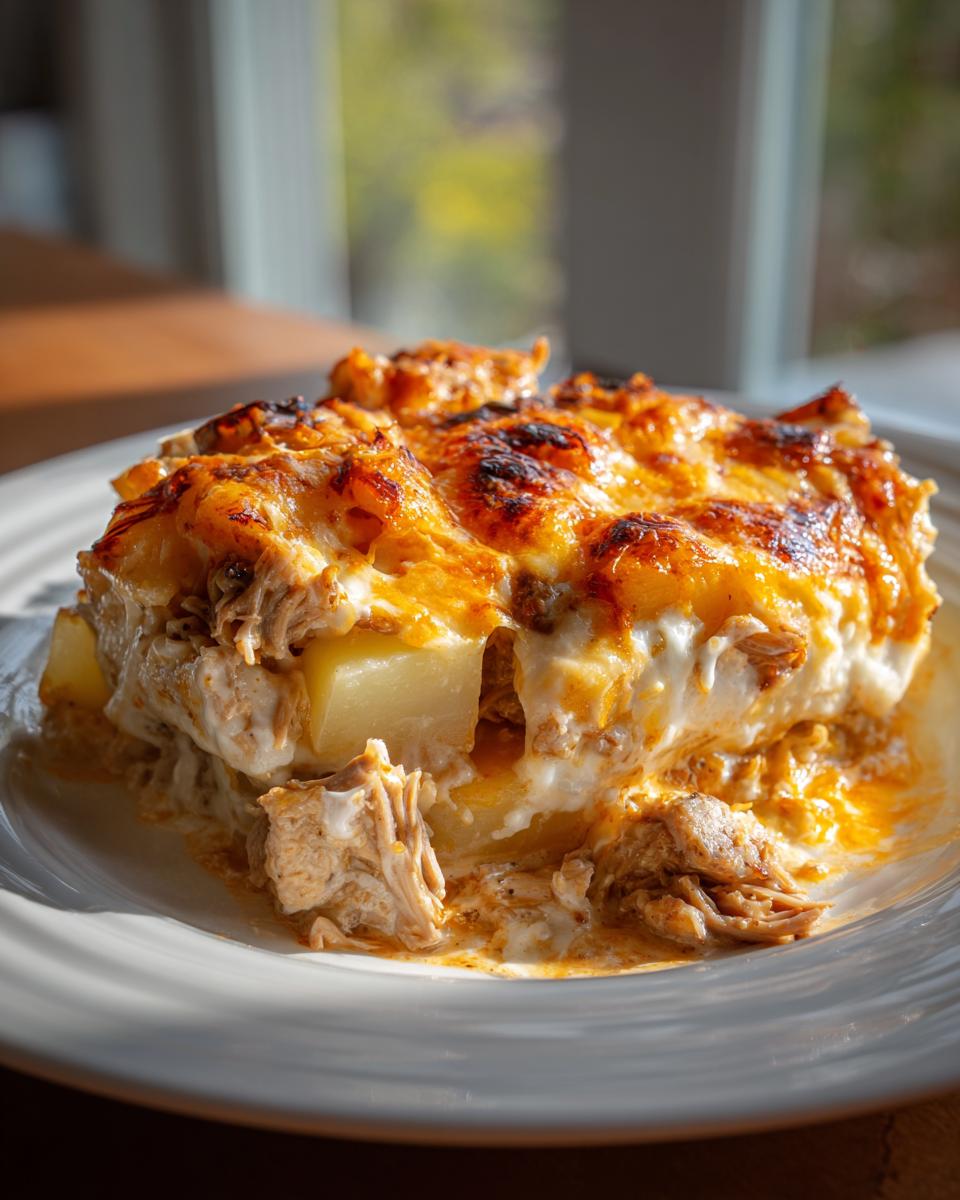 Ein saftiges Stück Gyros-Kartoffelauflauf in Metaxarahm mit goldbraun überbackenem Käse auf einem weißen Teller.