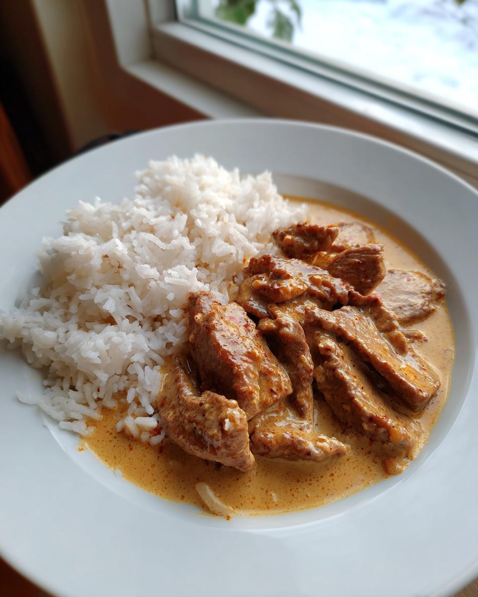 Teller mit saftigem Gyrosgeschnetzeltes in cremiger Metaxasauce und lockerem Reis.
