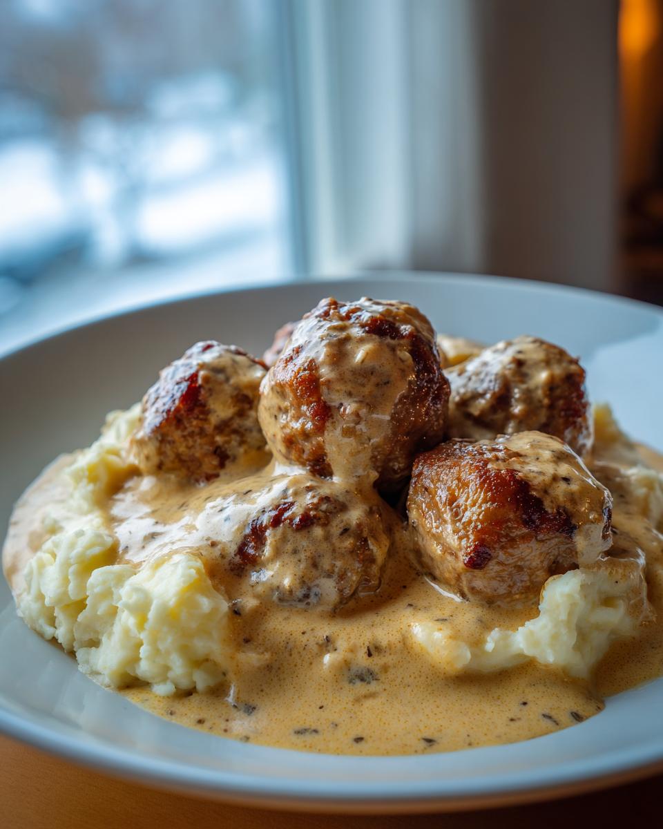 Vier saftige Hackbällchen in cremiger Zwiebel-Sahnesauce auf einem Bett aus fluffigem Kartoffelstampf.