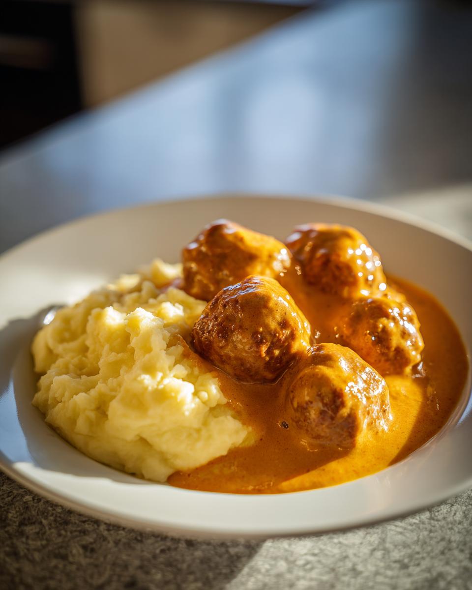 Teller mit vier saftigen Hackbällchen in cremiger Käse-Sahnesauce und fluffigem Kartoffelpüree.