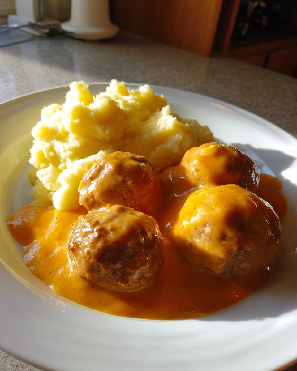 Vier saftige Hackbällchen in cremiger Käse-Sahnesauce, serviert mit lockerem Kartoffelpüree auf einem weißen Teller.