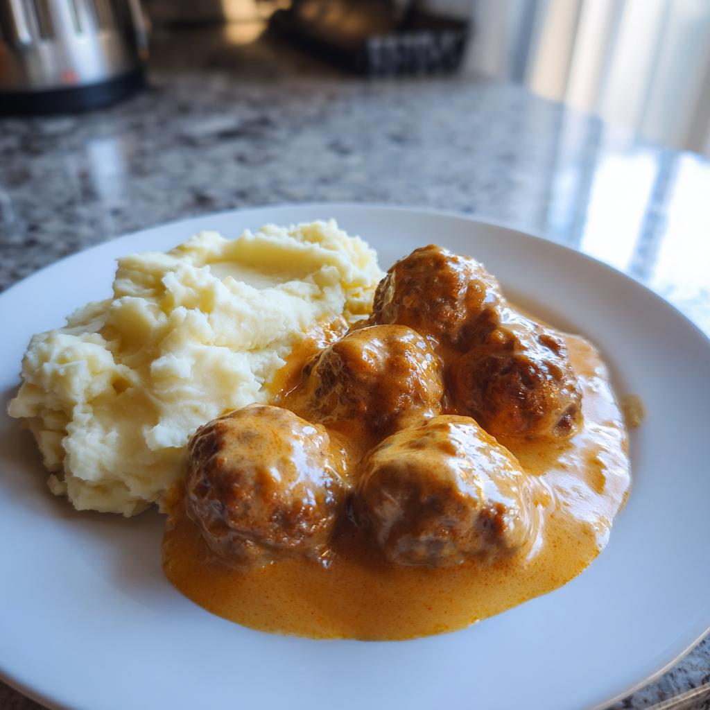 Vier saftige Hackbällchen in cremiger Käse-Sahnesauce mit einer Portion fluffigem Kartoffelpüree auf einem weißen Teller.